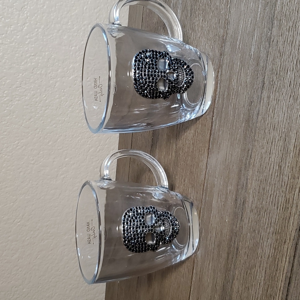 Set of 2 Clear Glass Mugs with Rhinestone Skull